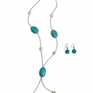Turquoise Bead Long Necklace & Earrings Set - Women Jewelry
